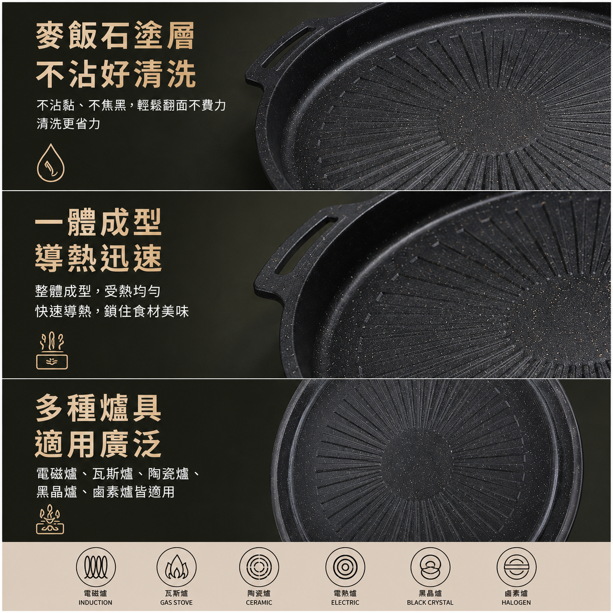 韓式麥飯石不沾煎烤盤|34cm|一體成型|瓦斯爐/電磁爐適用|附隔熱夾、烤肉夾、料理刷