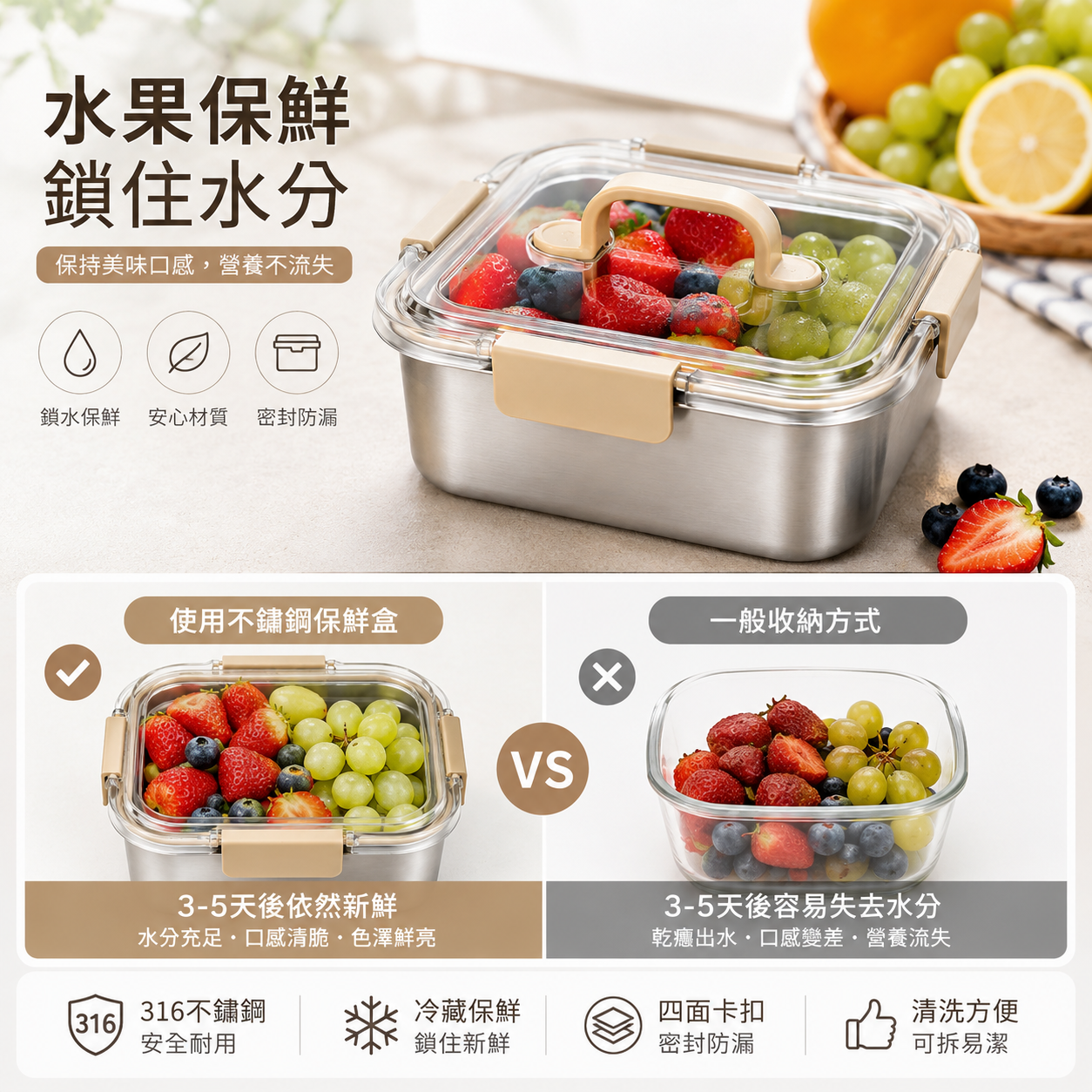 316不鏽鋼密封保鮮盒｜1700ml／2300ml 大容量｜四面鎖扣防漏｜透明上蓋｜可提式便當盒