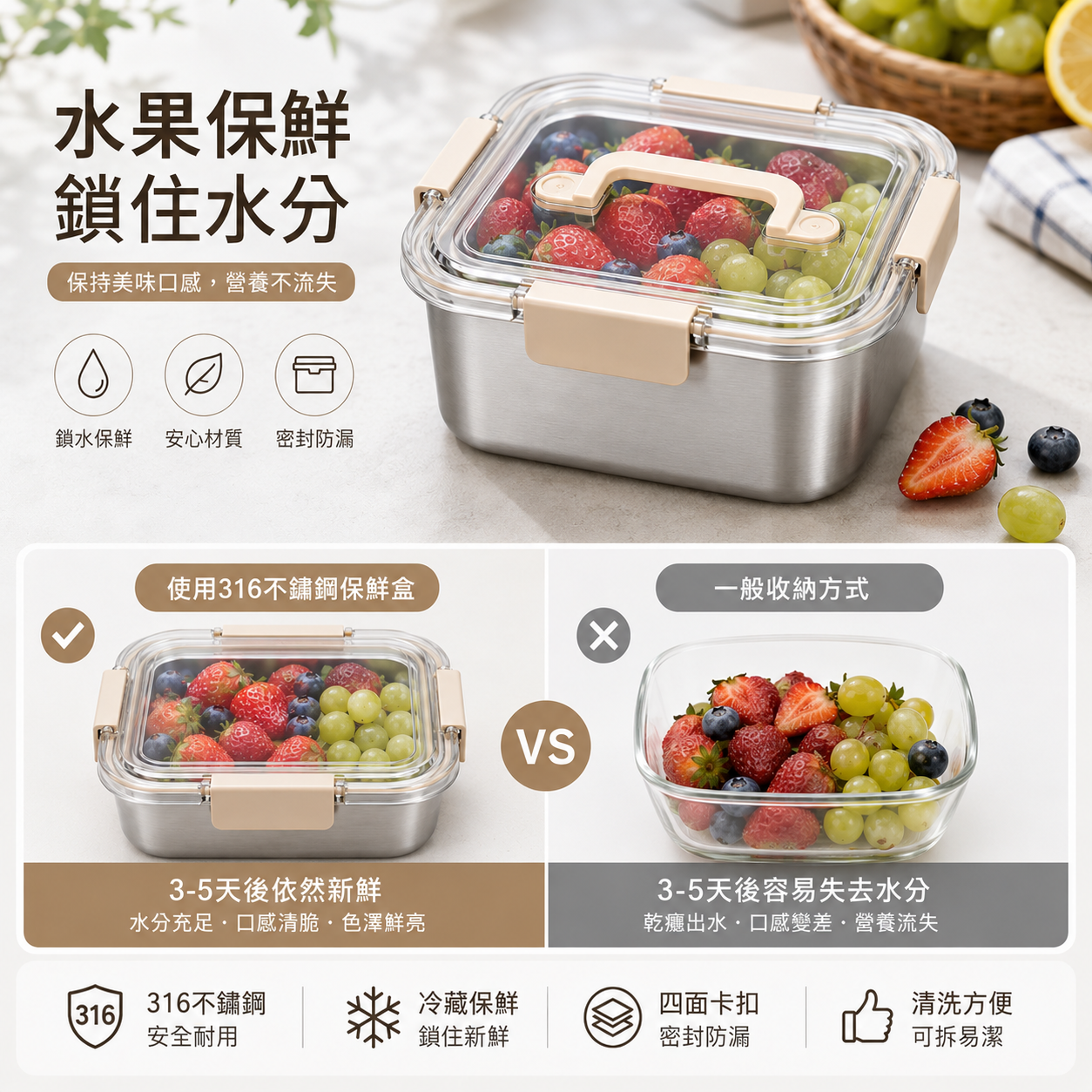 316不鏽鋼密封保鮮盒｜1700ml／2300ml 大容量｜四面鎖扣防漏｜透明上蓋｜可提式便當盒