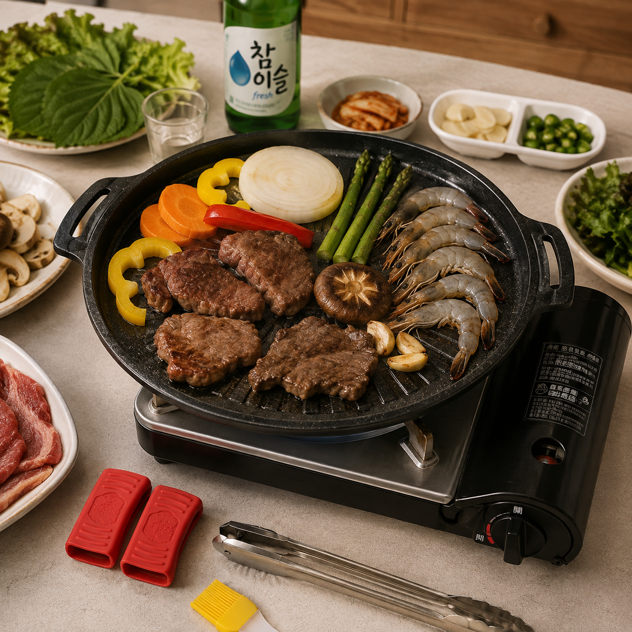 韓式麥飯石不沾煎烤盤｜34cm｜一體成型｜瓦斯爐/電磁爐適用｜附隔熱夾、烤肉夾、料理刷