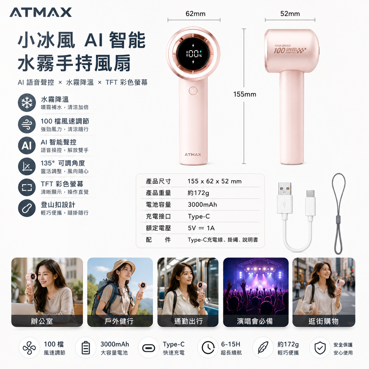 ATMAX AI智能水霧手持風扇 - 產品特色與規格
