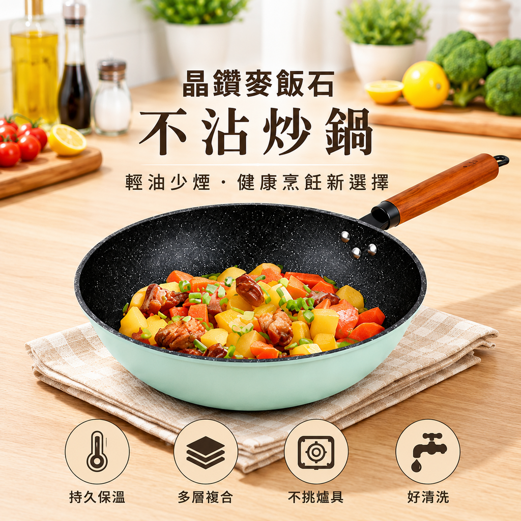 麥飯石不沾炒鍋 - 產品特色